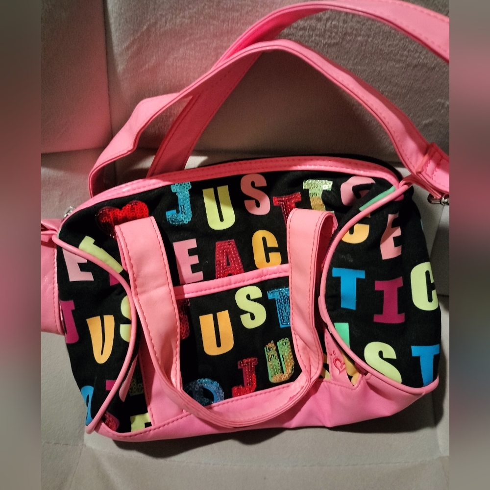 Justice Girls Hand Bag Pink with Rainbow and Sequins Letters